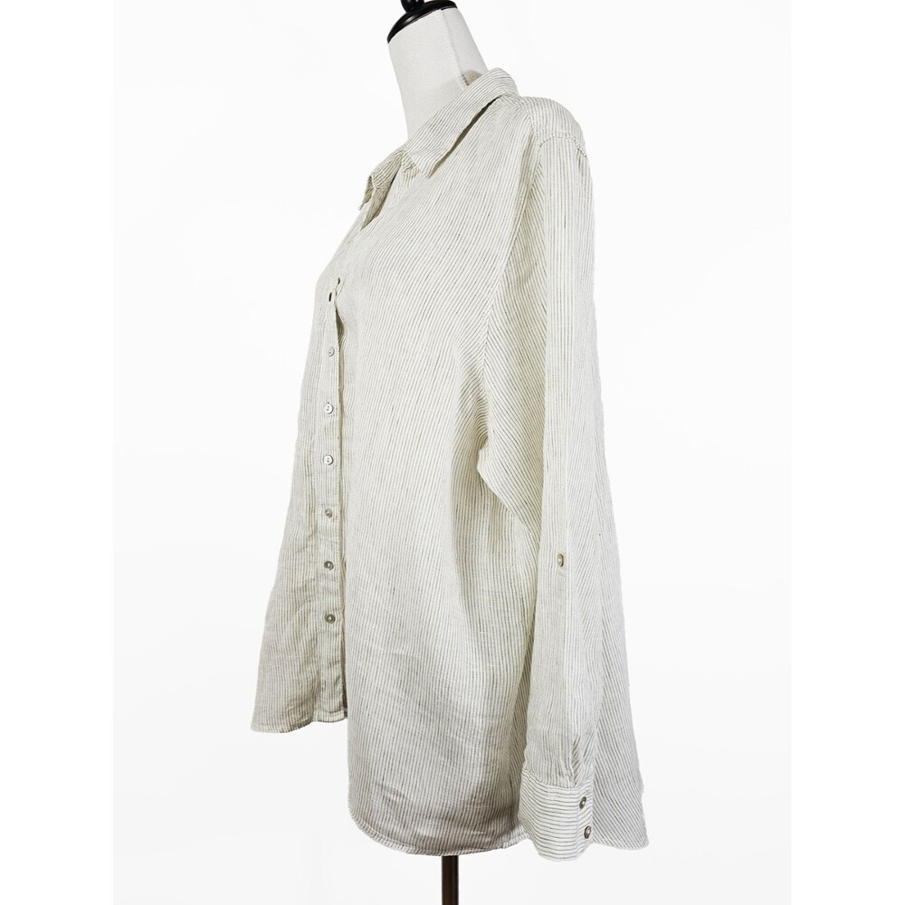Tahari 2XL Linen White Olive Lagenlook Button Down - Picture 2 of 7